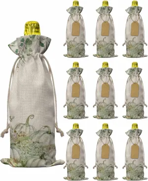 10 Piece Linen Wine Bags Thanksgiving Day Hydrangea Floral Pumpkins Eucalyptus Leaves Pastoral Green, Bottle Bags With Drawstrings Tags Reusable Wine Bottle Covers for Wedding Birthday Travel