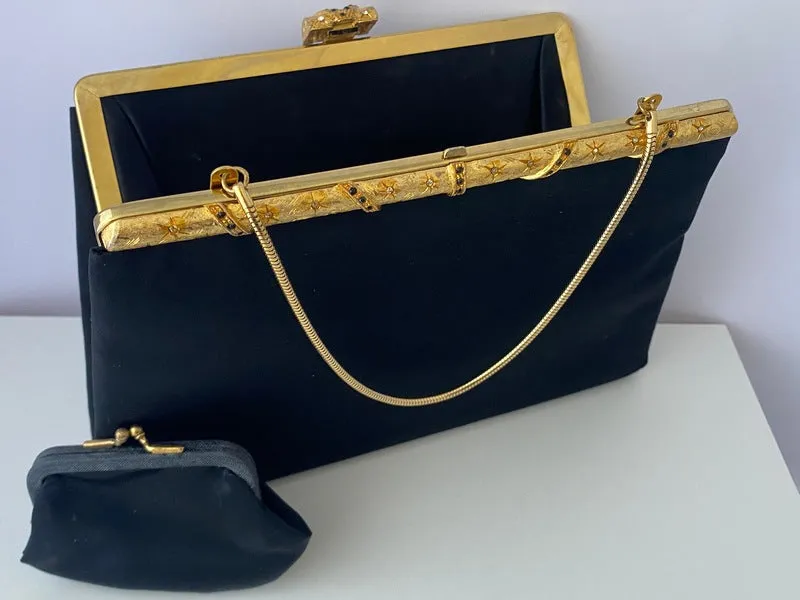 1950s AFTER FIVE Black Satin Clutch with Coin Purse