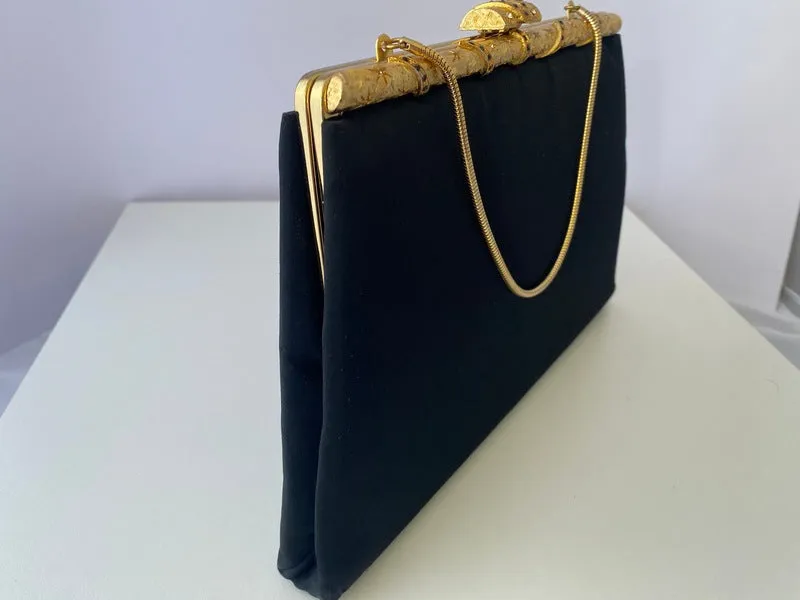 1950s AFTER FIVE Black Satin Clutch with Coin Purse