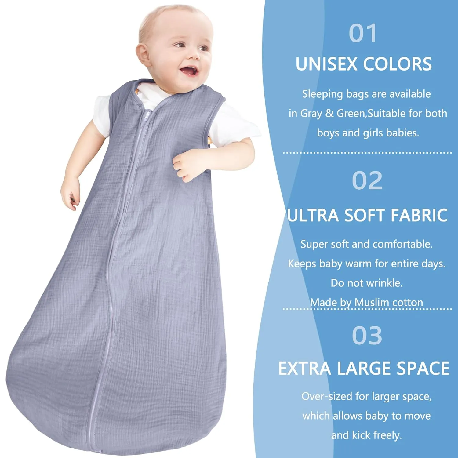 2 Pack Baby Sleep Sack 0-24 Months Baby Sleeping Bag 2-Way Zipper Toddler Wearable Blankets (Gray&Green TOG 0.3, Medium)
