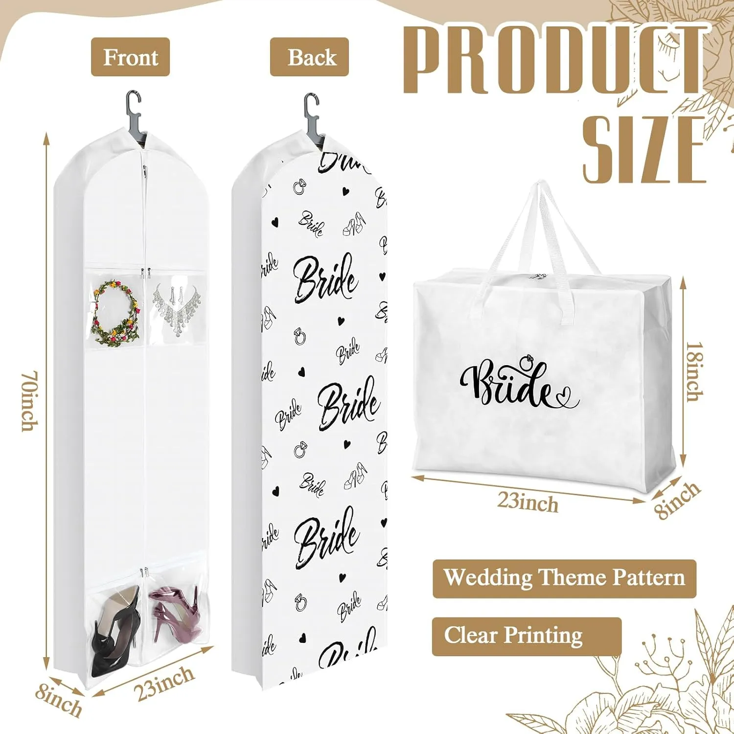 2 Pcs 70" Wedding Dress Garment Bag and 8" Gusseted Tote Bag Set for Wedding Garment Storage and Travel Prom