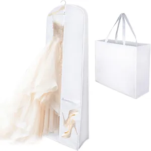 2 Pcs 70" Wedding Dress Garment Bags, Long with 10" Gusset & Bride Tote, 3 Pockets for Prom Gowns, White