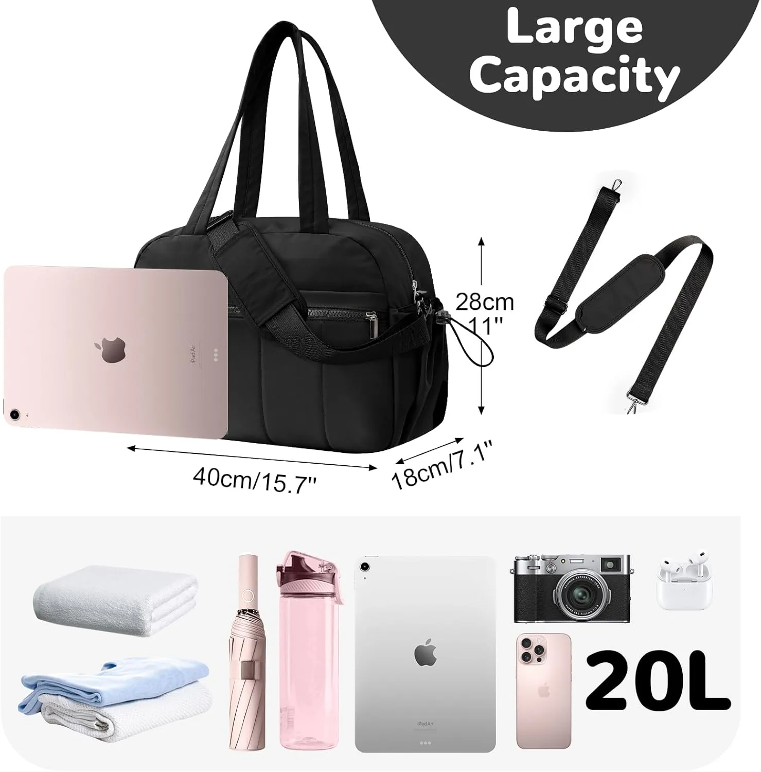 20L Puffer Gym Bag for Women Girls, Small Travel Duffle Bag with Wet Pocket, Quilted Carry On Weekender Bags, Black