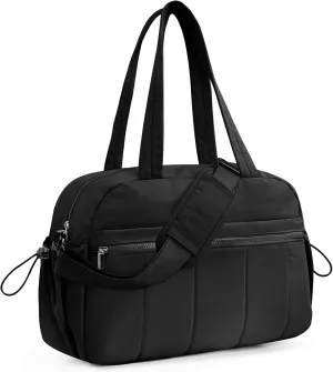 20L Puffer Gym Bag for Women Girls, Small Travel Duffle Bag with Wet Pocket, Quilted Carry On Weekender Bags, Black