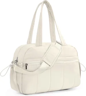20L Puffer Gym Bag for Women Girls, Small Travel Duffle Bag with Wet Pocket, Quilted Carry On Weekender Bags, White