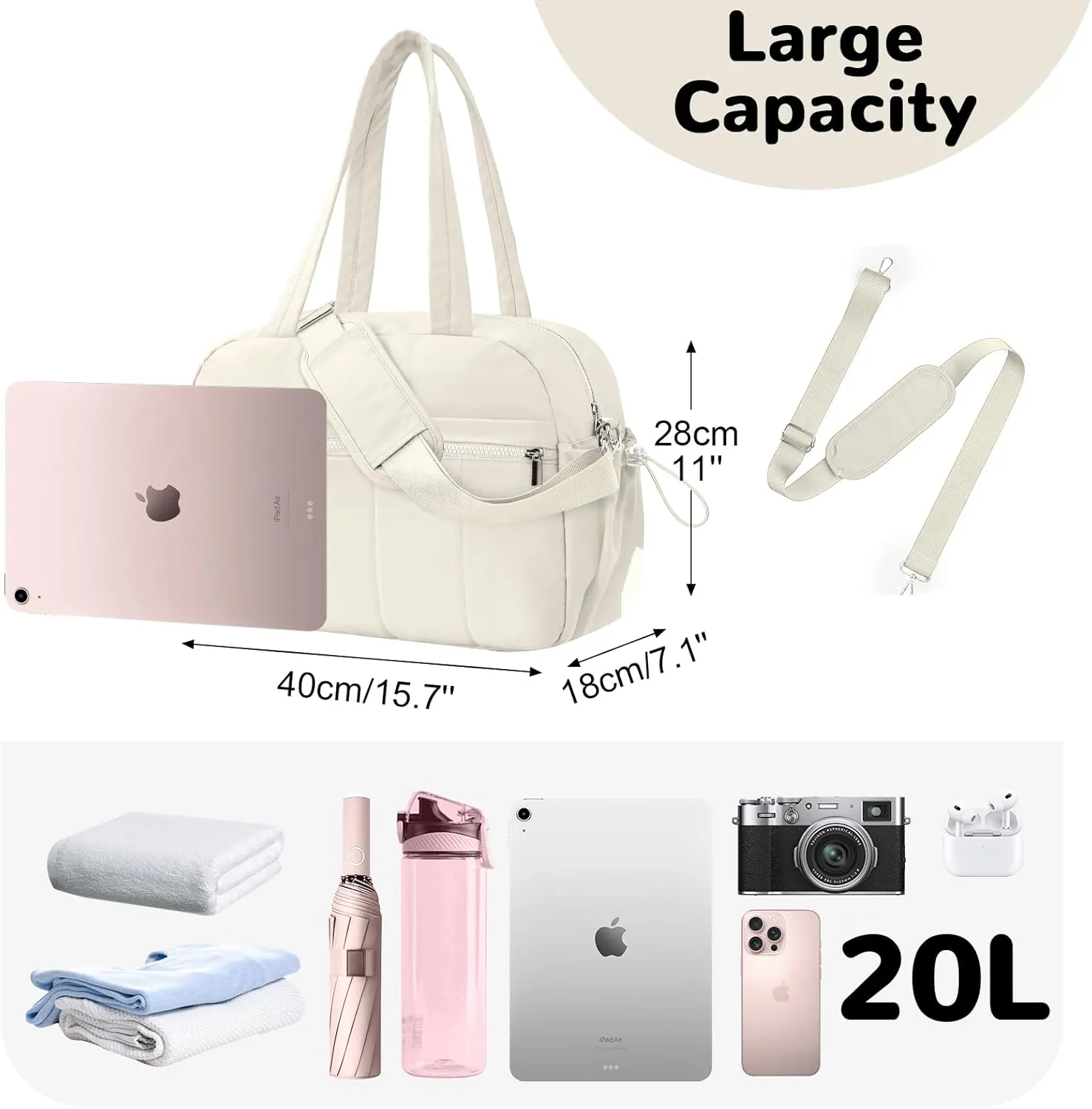 20L Puffer Gym Bag for Women Girls, Small Travel Duffle Bag with Wet Pocket, Quilted Carry On Weekender Bags, White