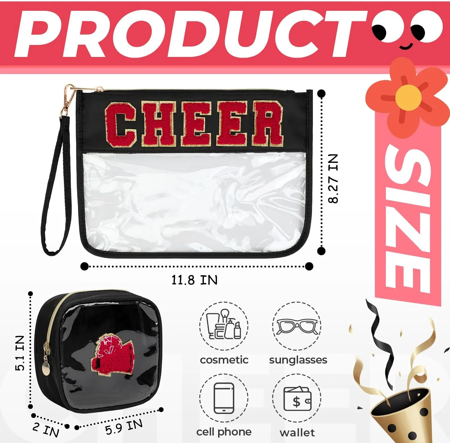 2Pcs Clear Cheer Bag Chenille Varsity Letter Makeup Bag Preppy Patch Pouch Waterproof PVC Toiletry Organizer Flat Travel Cosmetic Bag Cheerleader Gifts for Women(Cheer-Black)