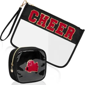 2Pcs Clear Cheer Bag Chenille Varsity Letter Makeup Bag Preppy Patch Pouch Waterproof PVC Toiletry Organizer Flat Travel Cosmetic Bag Cheerleader Gifts for Women(Cheer-Black)