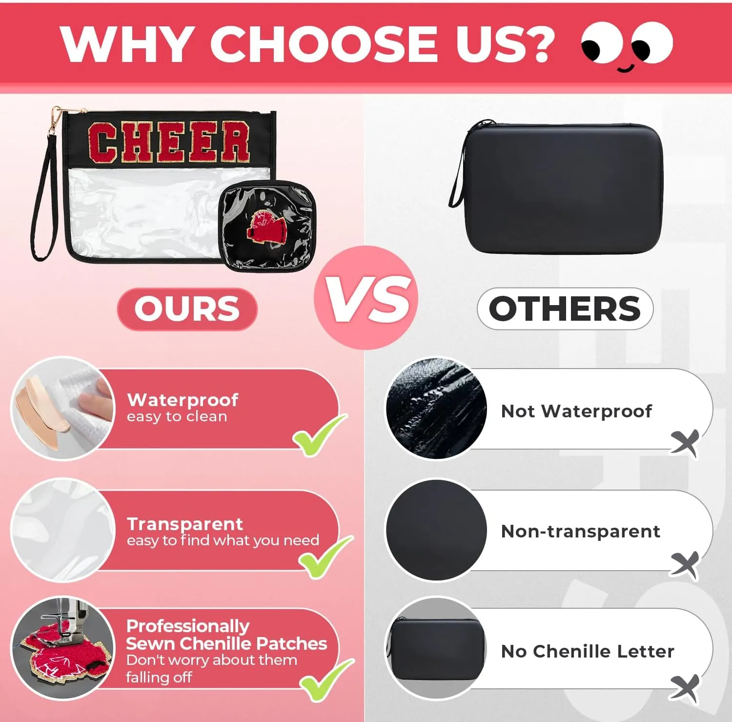 2Pcs Clear Cheer Bag Chenille Varsity Letter Makeup Bag Preppy Patch Pouch Waterproof PVC Toiletry Organizer Flat Travel Cosmetic Bag Cheerleader Gifts for Women(Cheer-Black)