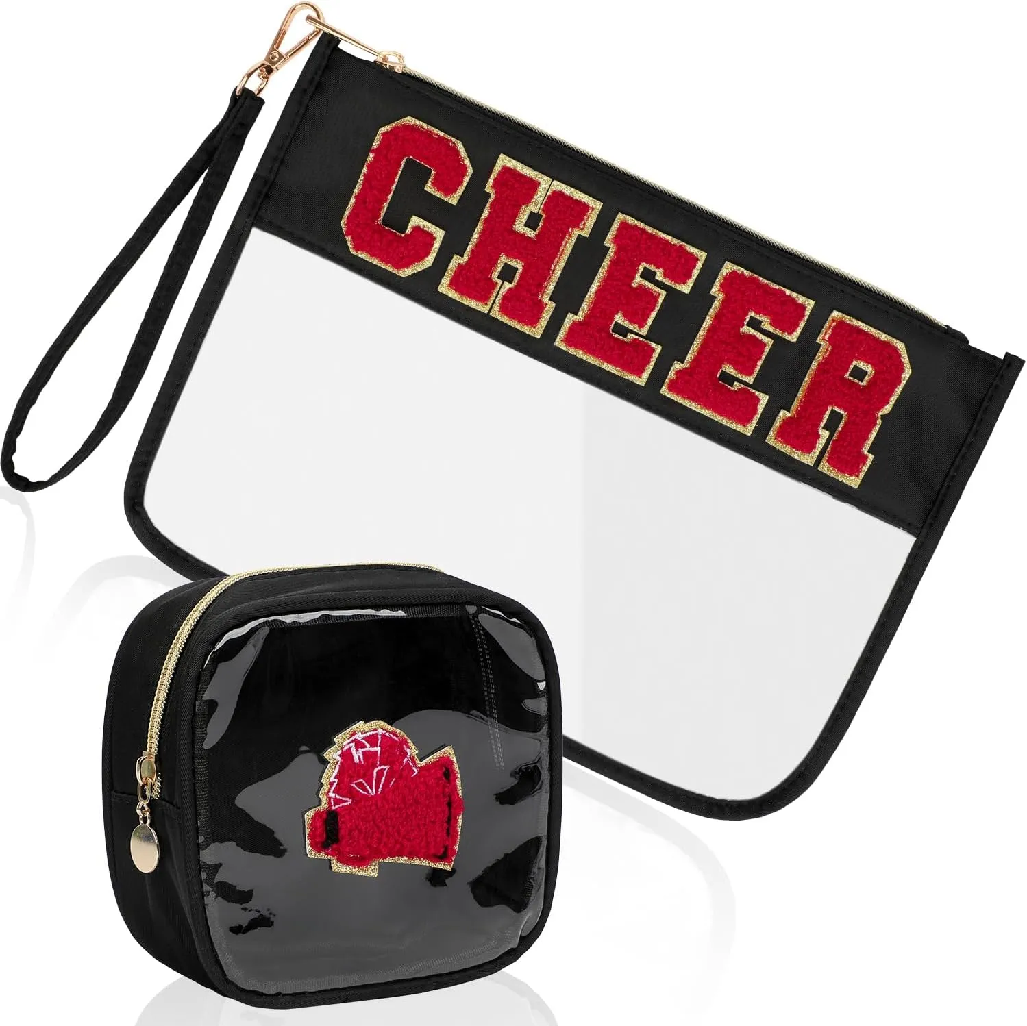2Pcs Clear Cheer Bag Chenille Varsity Letter Makeup Bag Preppy Patch Pouch Waterproof PVC Toiletry Organizer Flat Travel Cosmetic Bag Cheerleader Gifts for Women(Cheer-Black)