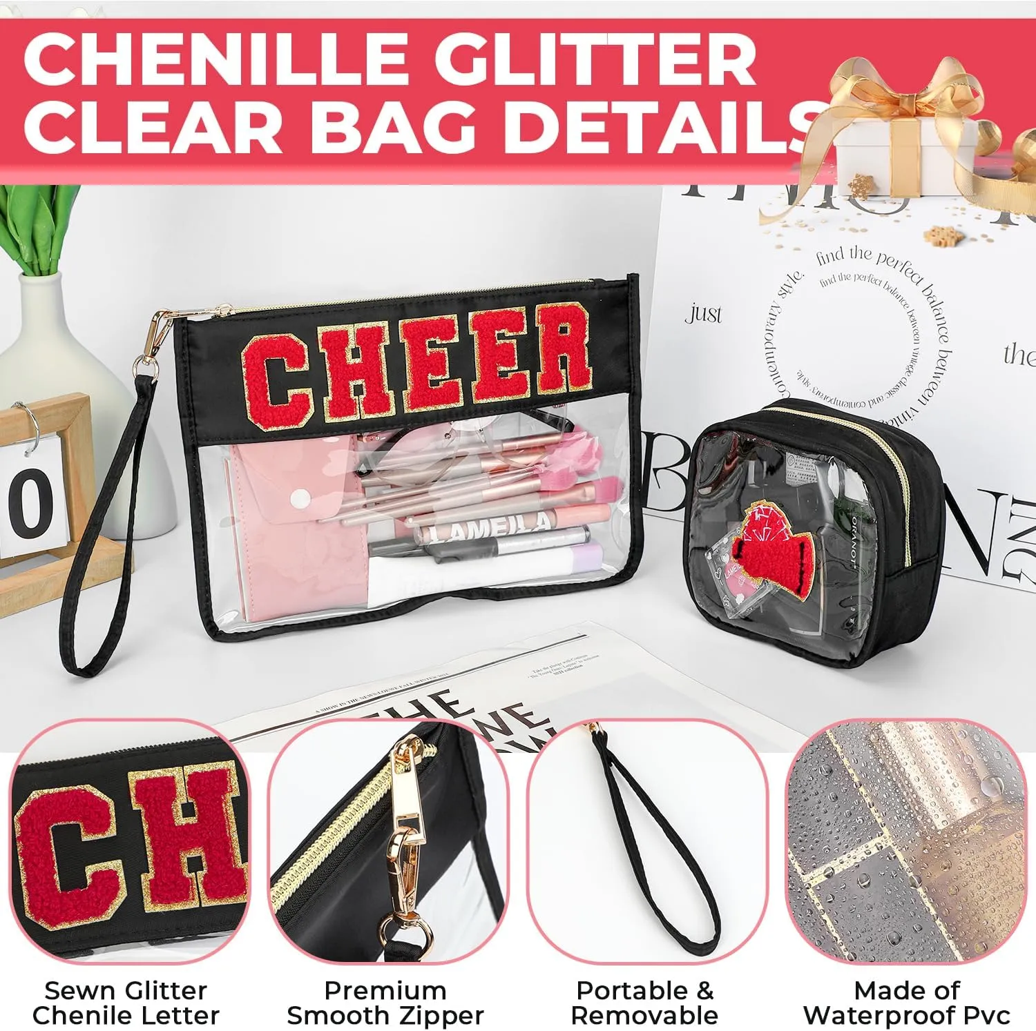2Pcs Clear Cheer Bag Chenille Varsity Letter Makeup Bag Preppy Patch Pouch Waterproof PVC Toiletry Organizer Flat Travel Cosmetic Bag Cheerleader Gifts for Women(Cheer-Black)