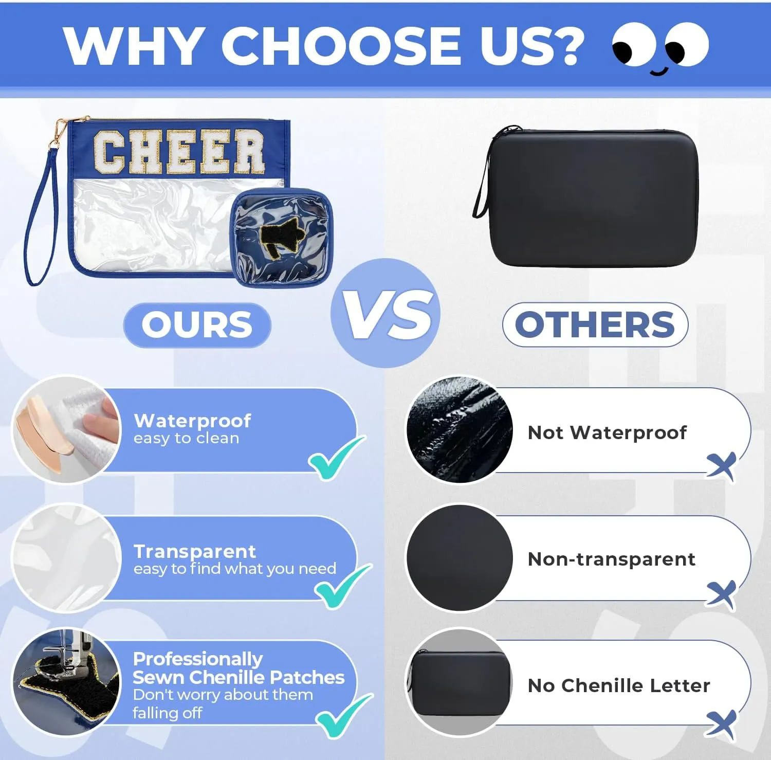 2Pcs Clear Cheer Bag Chenille Varsity Letter Makeup Bag Preppy Patch Pouch Waterproof PVC Toiletry Organizer Flat Travel Cosmetic Bag Cheerleader Gifts for Women(Cheer-Blue)