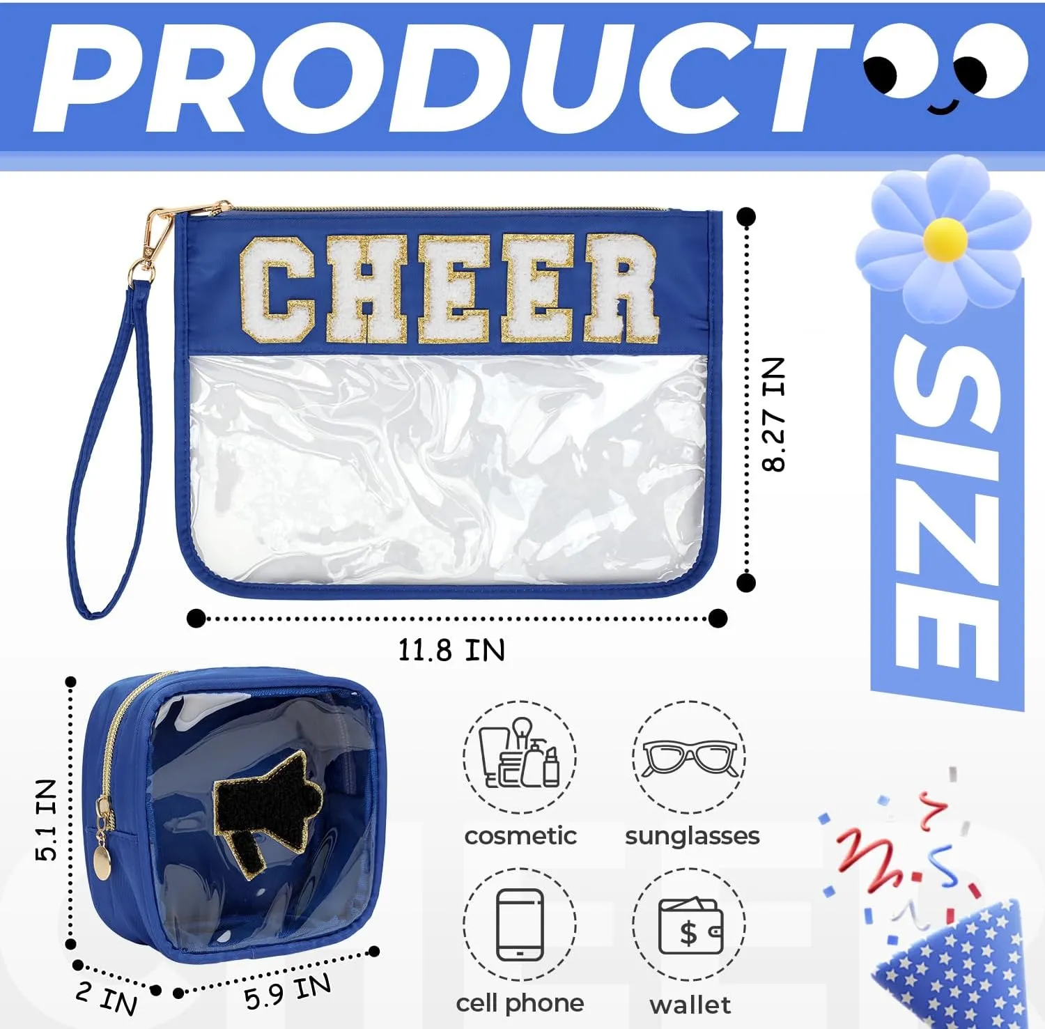 2Pcs Clear Cheer Bag Chenille Varsity Letter Makeup Bag Preppy Patch Pouch Waterproof PVC Toiletry Organizer Flat Travel Cosmetic Bag Cheerleader Gifts for Women(Cheer-Blue)