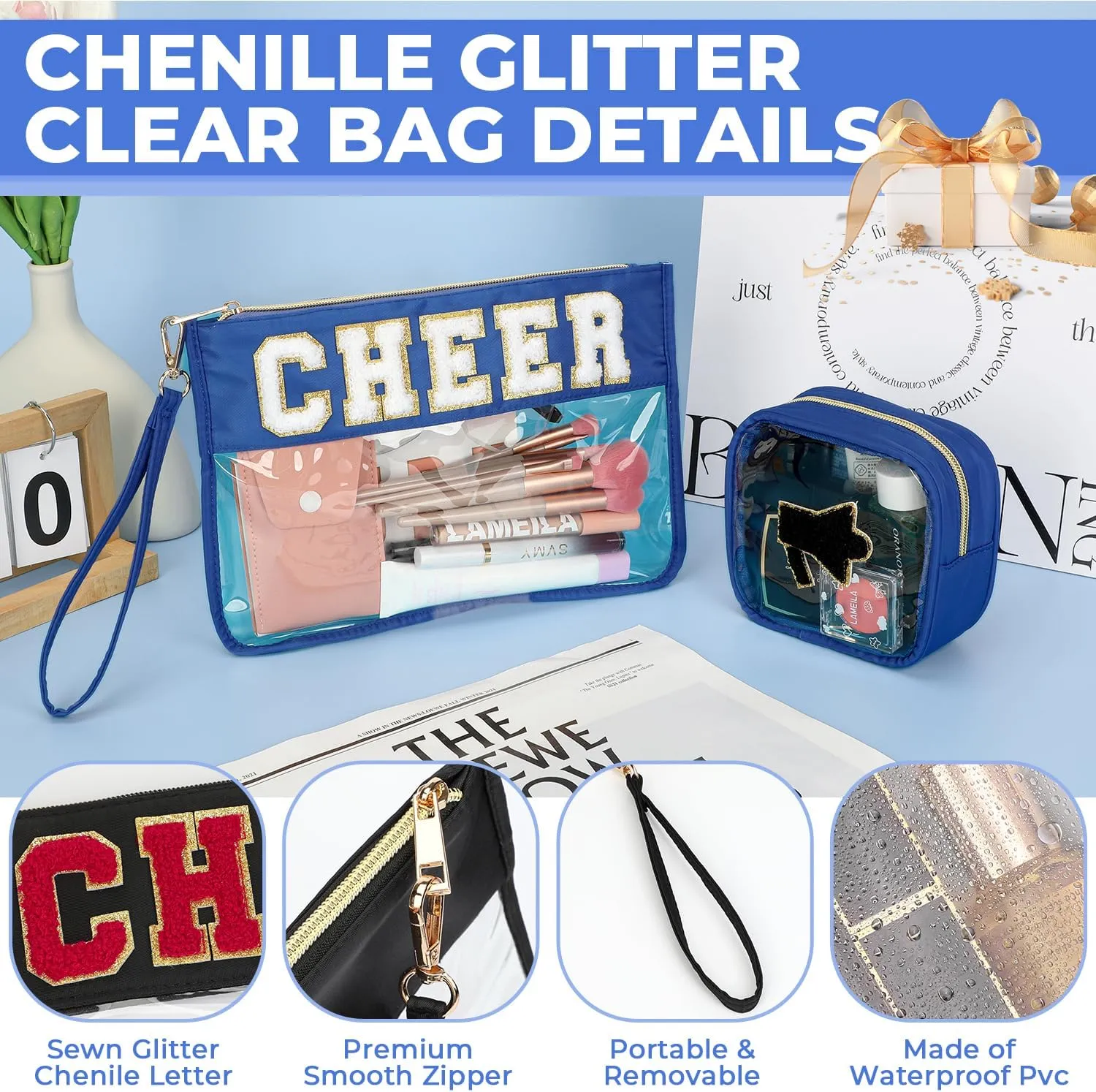 2Pcs Clear Cheer Bag Chenille Varsity Letter Makeup Bag Preppy Patch Pouch Waterproof PVC Toiletry Organizer Flat Travel Cosmetic Bag Cheerleader Gifts for Women(Cheer-Blue)