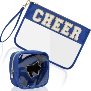 2Pcs Clear Cheer Bag Chenille Varsity Letter Makeup Bag Preppy Patch Pouch Waterproof PVC Toiletry Organizer Flat Travel Cosmetic Bag Cheerleader Gifts for Women(Cheer-Blue)