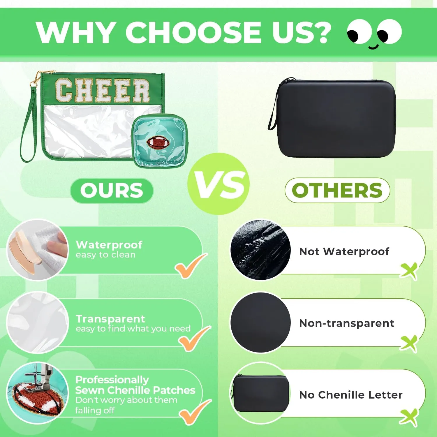 2Pcs Clear Cheer Bag Chenille Varsity Letter Makeup Bag Preppy Patch Pouch Waterproof PVC Toiletry Organizer Flat Travel Cosmetic Bag Cheerleader Gifts for Women(Cheer-Green)