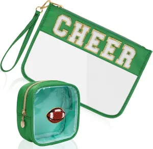 2Pcs Clear Cheer Bag Chenille Varsity Letter Makeup Bag Preppy Patch Pouch Waterproof PVC Toiletry Organizer Flat Travel Cosmetic Bag Cheerleader Gifts for Women(Cheer-Green)