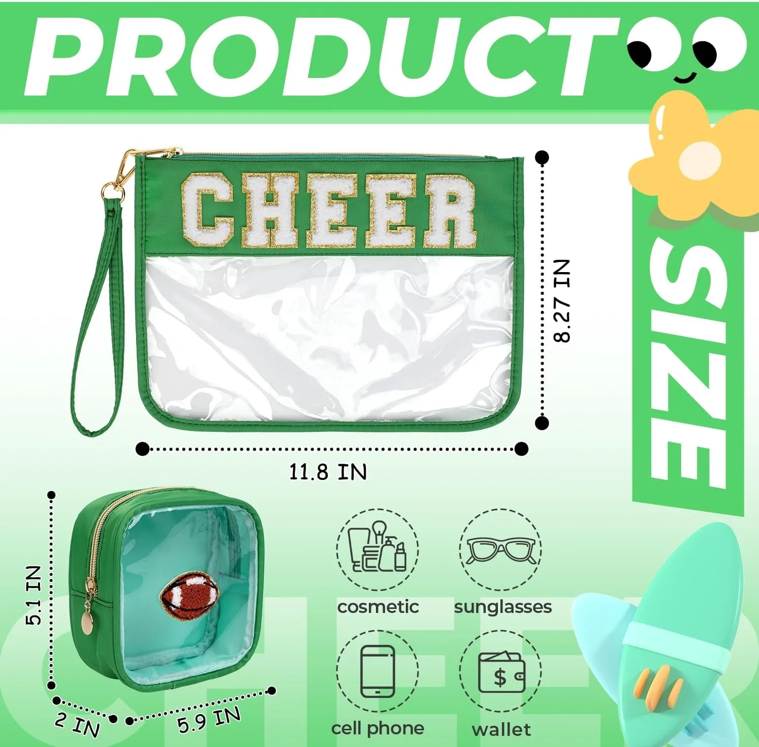 2Pcs Clear Cheer Bag Chenille Varsity Letter Makeup Bag Preppy Patch Pouch Waterproof PVC Toiletry Organizer Flat Travel Cosmetic Bag Cheerleader Gifts for Women(Cheer-Green)