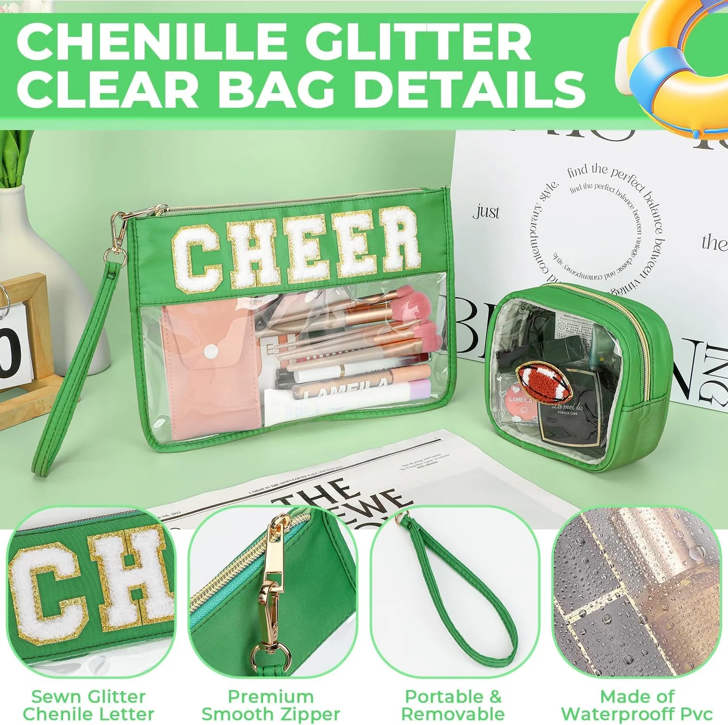 2Pcs Clear Cheer Bag Chenille Varsity Letter Makeup Bag Preppy Patch Pouch Waterproof PVC Toiletry Organizer Flat Travel Cosmetic Bag Cheerleader Gifts for Women(Cheer-Green)