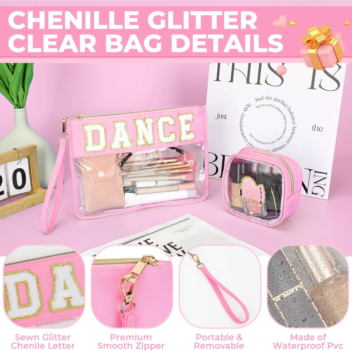 2Pcs Clear Dance Bag Chenille Varsity Letter Makeup Bag Preppy Patch Pouch Waterproof PVC Toiletry Organizer Flat Travel Cosmetic Bag Dance Recital Gifts for Women (Dance-Pink)
