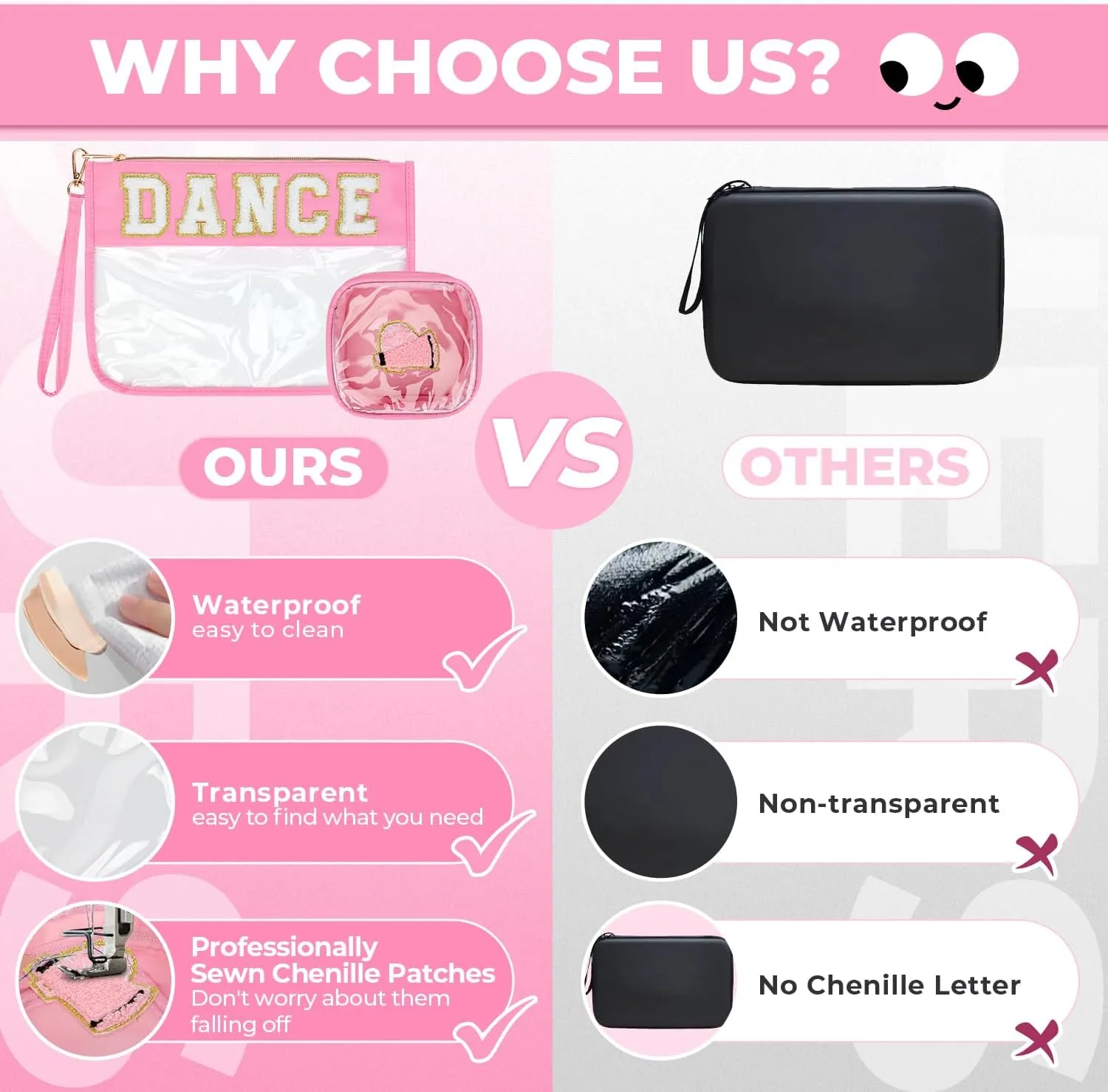 2Pcs Clear Dance Bag Chenille Varsity Letter Makeup Bag Preppy Patch Pouch Waterproof PVC Toiletry Organizer Flat Travel Cosmetic Bag Dance Recital Gifts for Women (Dance-Pink)