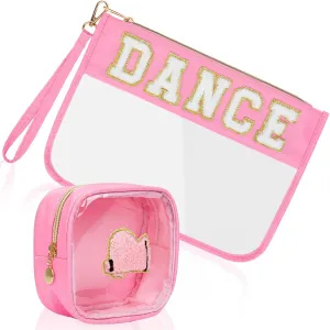 2Pcs Clear Dance Bag Chenille Varsity Letter Makeup Bag Preppy Patch Pouch Waterproof PVC Toiletry Organizer Flat Travel Cosmetic Bag Dance Recital Gifts for Women (Dance-Pink)