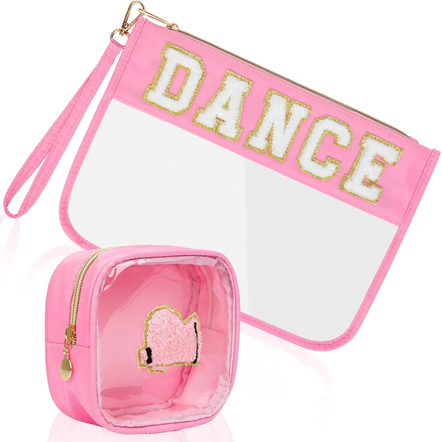 2Pcs Clear Dance Bag Chenille Varsity Letter Makeup Bag Preppy Patch Pouch Waterproof PVC Toiletry Organizer Flat Travel Cosmetic Bag Dance Recital Gifts for Women (Dance-Pink)