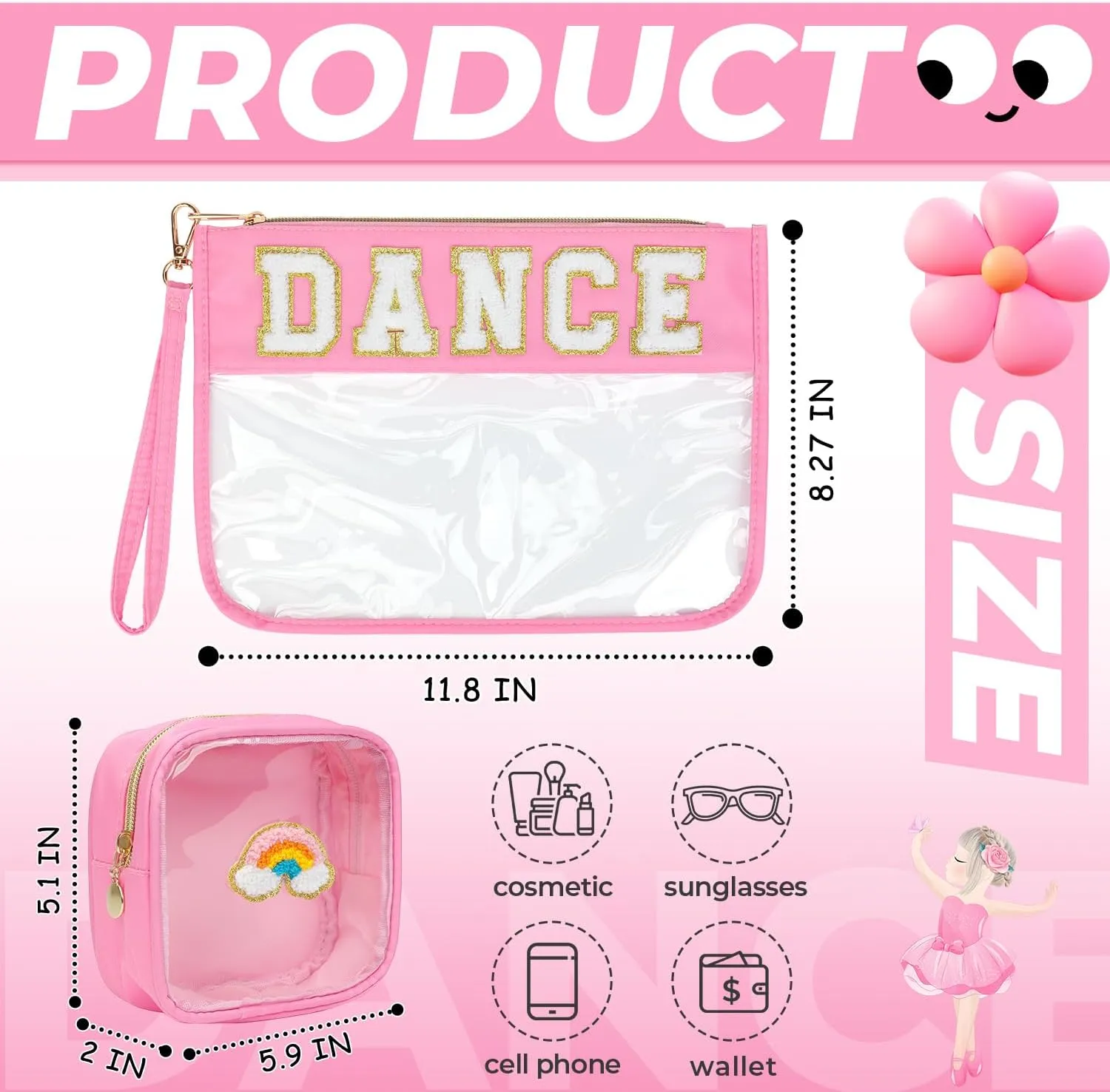 2Pcs Clear Dance Bag Chenille Varsity Letter Makeup Bag Preppy Patch Pouch Waterproof PVC Toiletry Organizer Flat Travel Cosmetic Bag Dance Recital Gifts for Women (Dance-Pink)