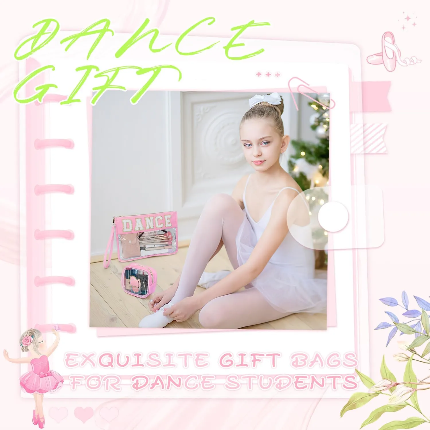 2Pcs Clear Dance Bag Chenille Varsity Letter Makeup Bag Preppy Patch Pouch Waterproof PVC Toiletry Organizer Flat Travel Cosmetic Bag Dance Recital Gifts for Women (Dance-Pink)