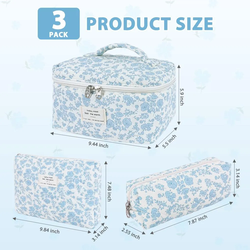 3Pcs Cotton Quilted Makeup Bag Set,Large Floral Cosmetic Bag，Aesthetic Toiletry Travel Makeup Bag Set and Cute Flower Bag for Women Girls (Blue White Flower)