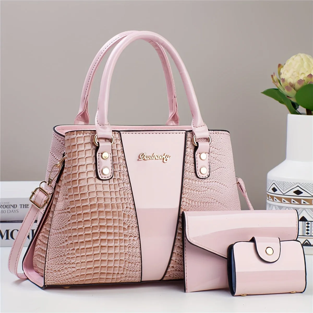 3pcs Crocodile Pattern Faux Leather Satchel