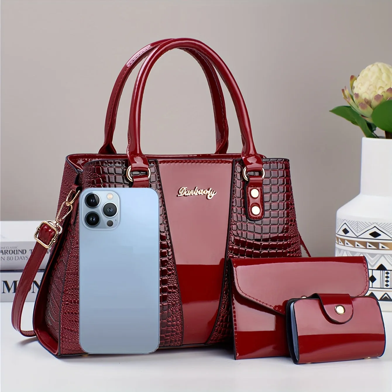 3pcs Crocodile Pattern Faux Leather Satchel