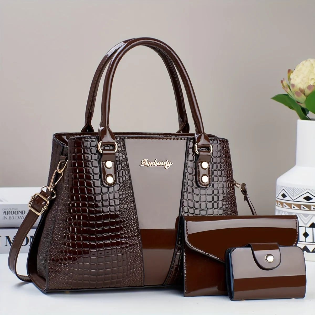 3pcs Crocodile Pattern Faux Leather Satchel