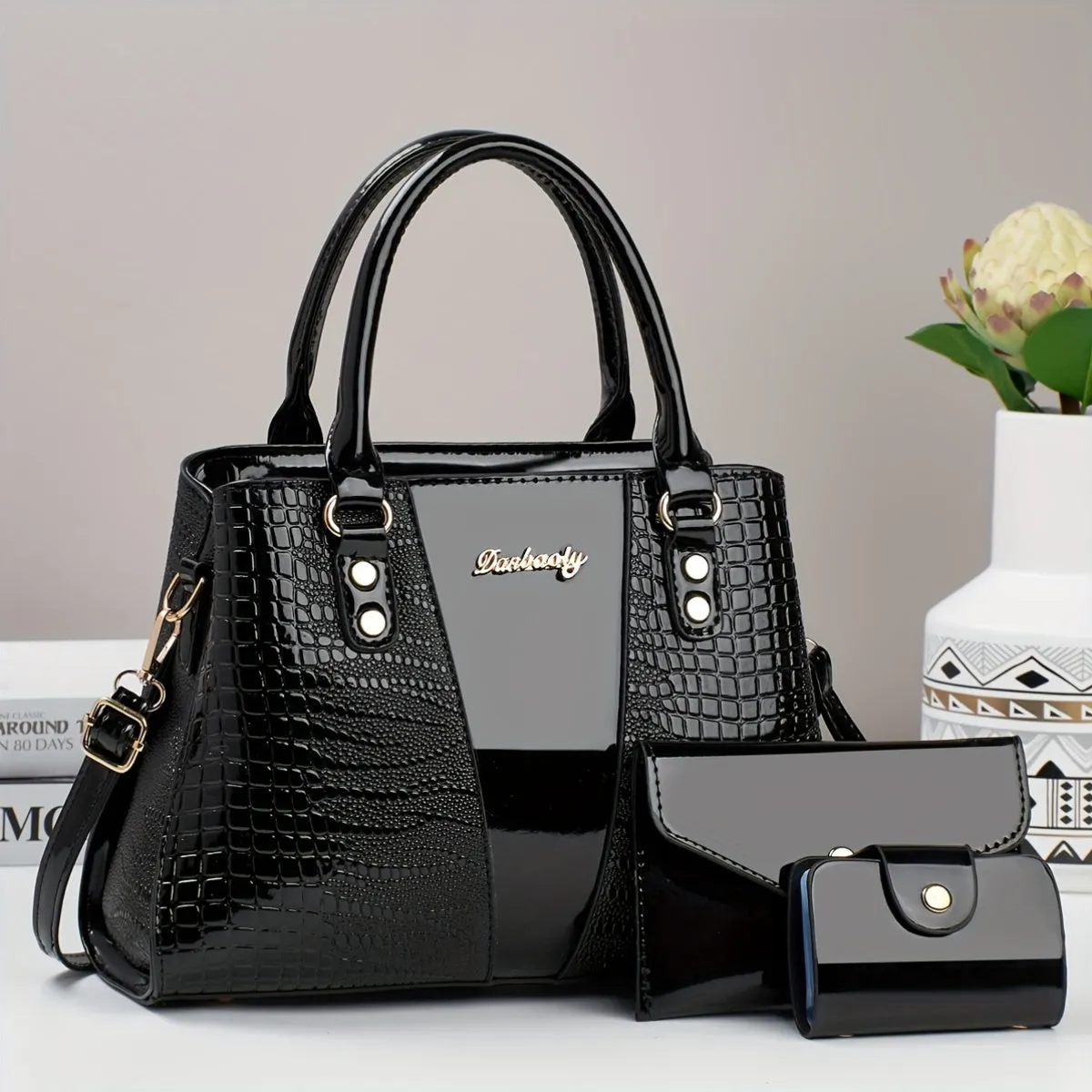 3pcs Crocodile Pattern Faux Leather Satchel