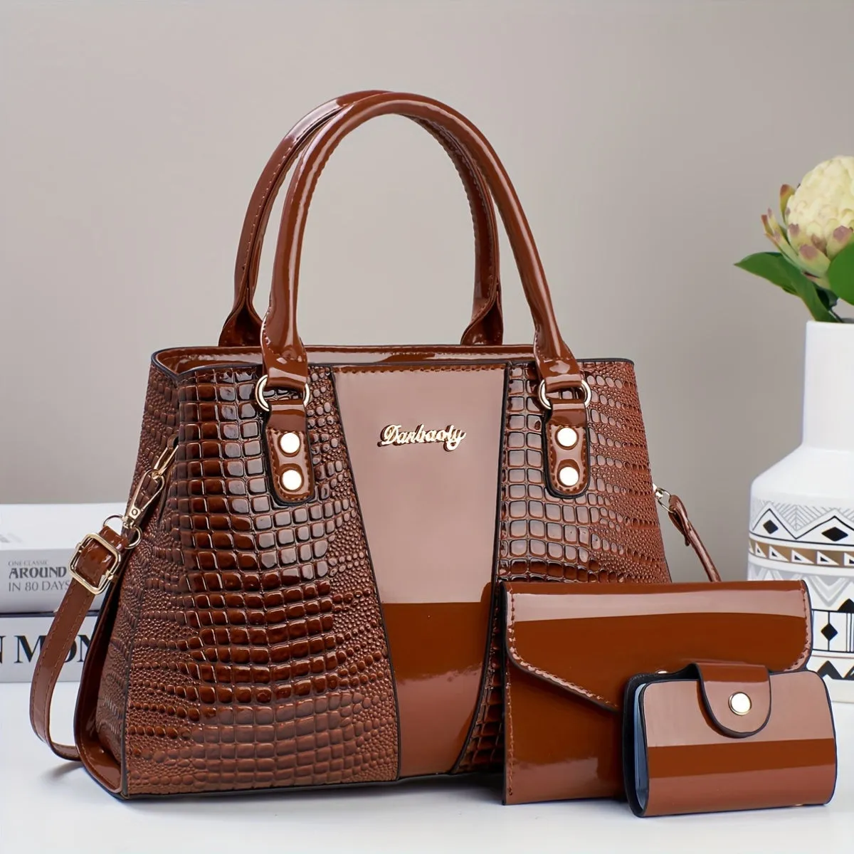 3pcs Crocodile Pattern Faux Leather Satchel