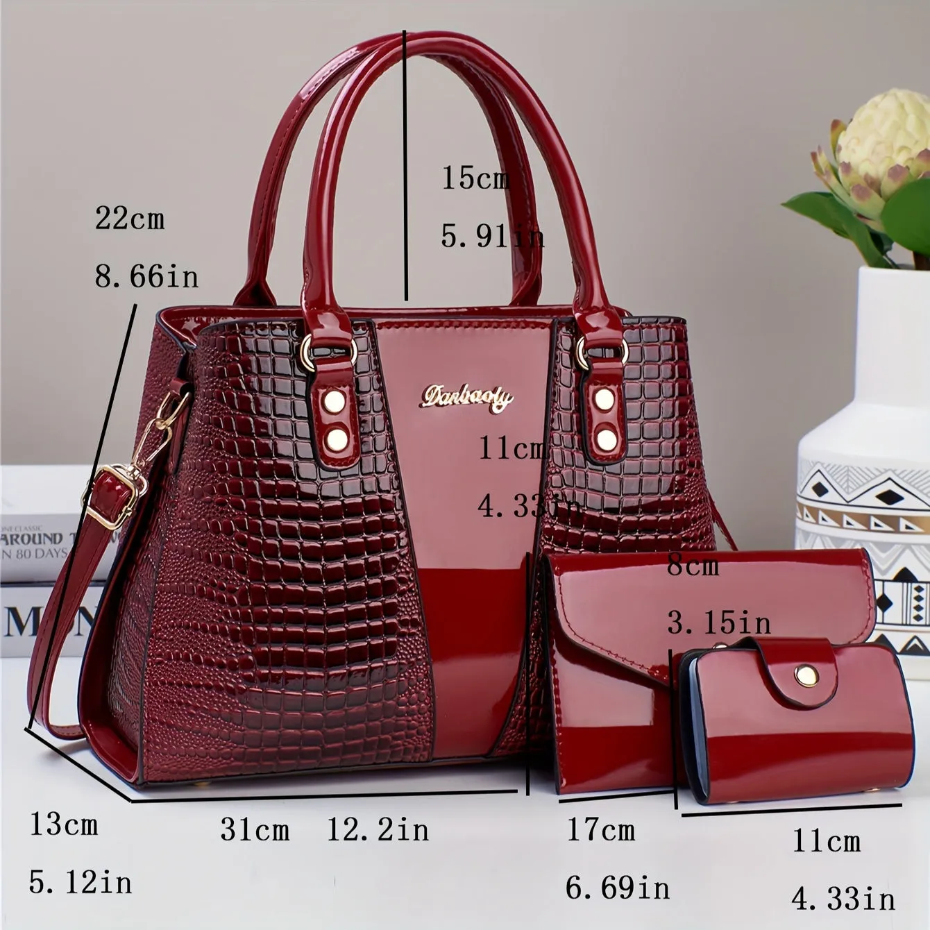 3pcs Crocodile Pattern Faux Leather Satchel