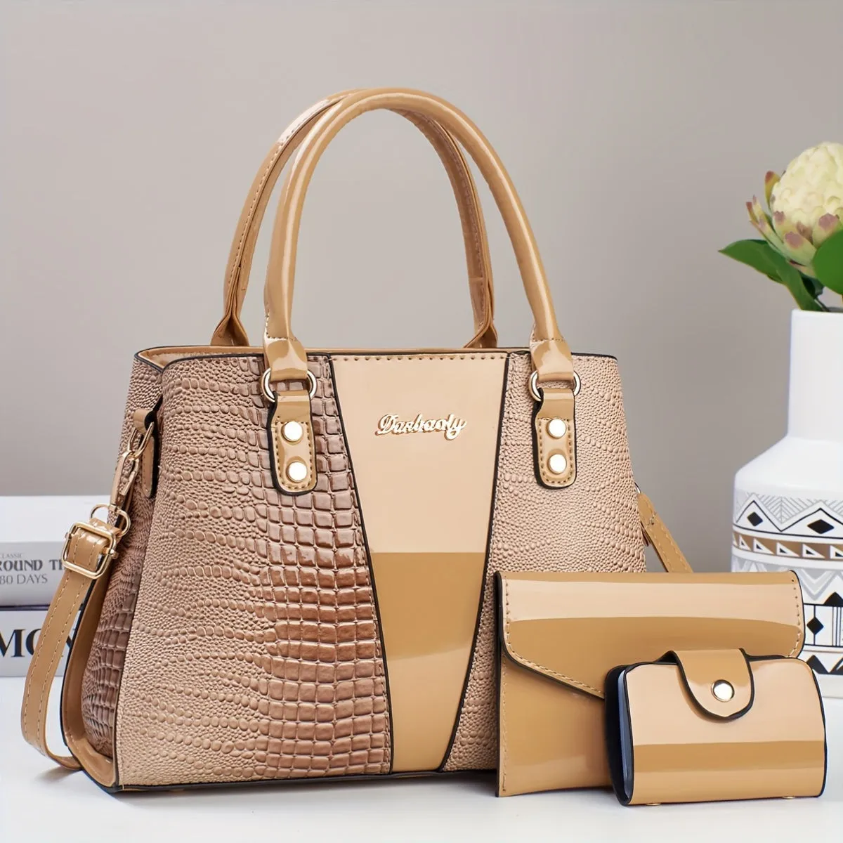 3pcs Crocodile Pattern Faux Leather Satchel