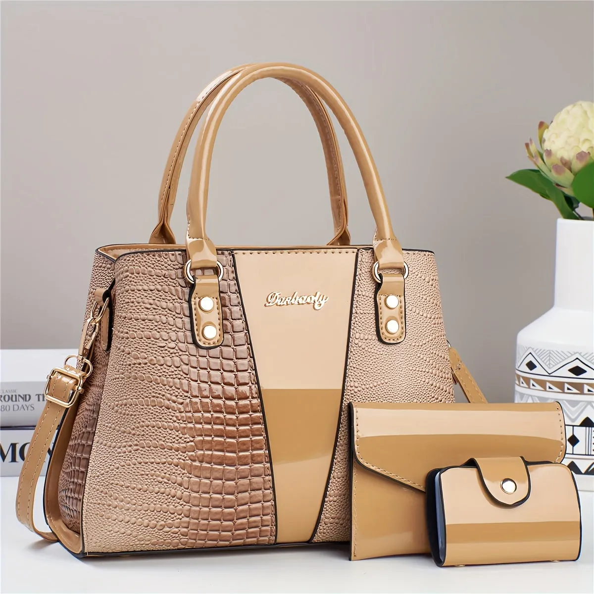 3pcs Crocodile Pattern Faux Leather Satchel