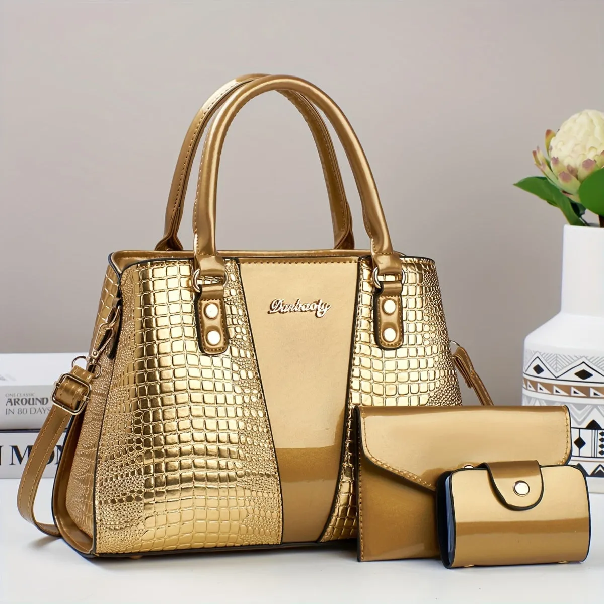3pcs Crocodile Pattern Faux Leather Satchel
