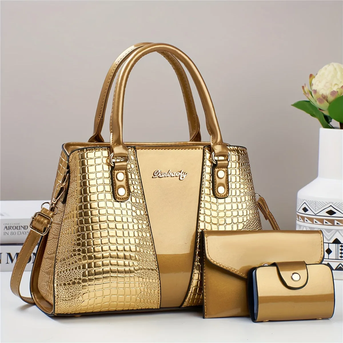 3pcs Crocodile Pattern Faux Leather Satchel
