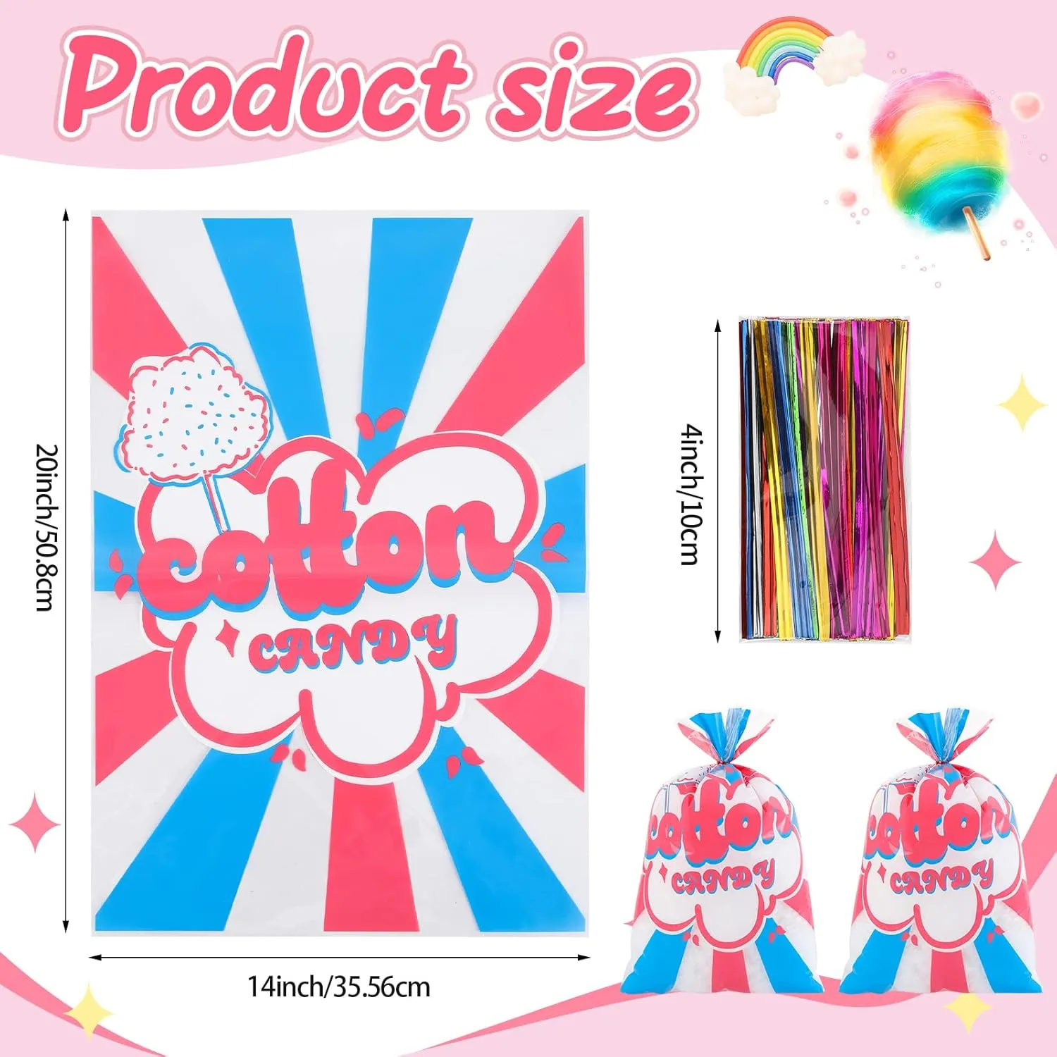 400 Pcs Carnival Cotton Candy Bags 14 x 20 Inch Carnival Circus Cellophane Bags with Ties for with Print Circus Carnival for Carnivals Circus Party Favors Party Event Serves