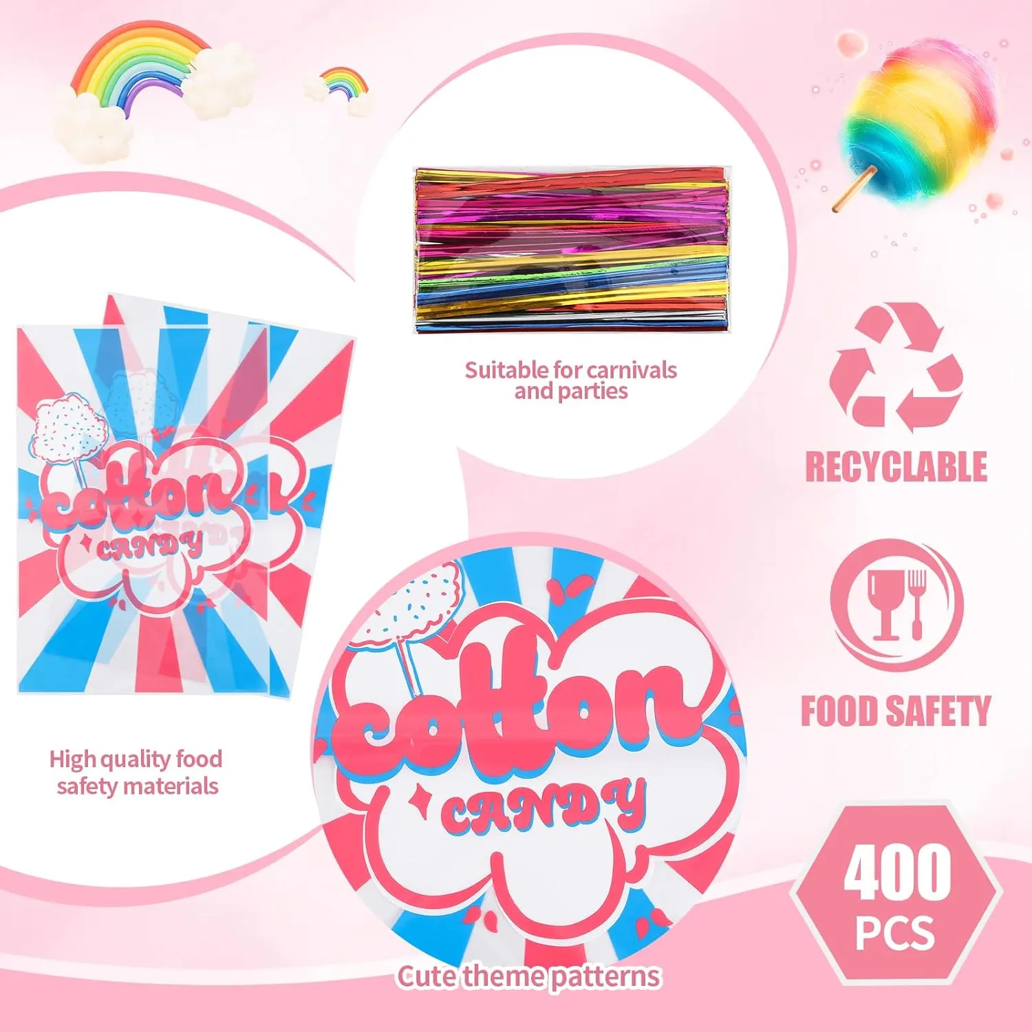 400 Pcs Carnival Cotton Candy Bags 14 x 20 Inch Carnival Circus Cellophane Bags with Ties for with Print Circus Carnival for Carnivals Circus Party Favors Party Event Serves