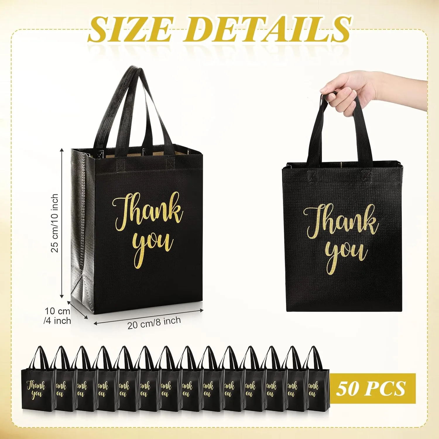 50 Pcs Glossy Thank You Gift Bag with Handles 8 x 4 x 10 Inch Non Woven Reusable Gift Bags with Glossy Finish for Wedding Birthday Parties Engagements Anniversaries Holiday(Black)