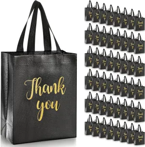 50 Pcs Glossy Thank You Gift Bag with Handles 8 x 4 x 10 Inch Non Woven Reusable Gift Bags with Glossy Finish for Wedding Birthday Parties Engagements Anniversaries Holiday(Black)