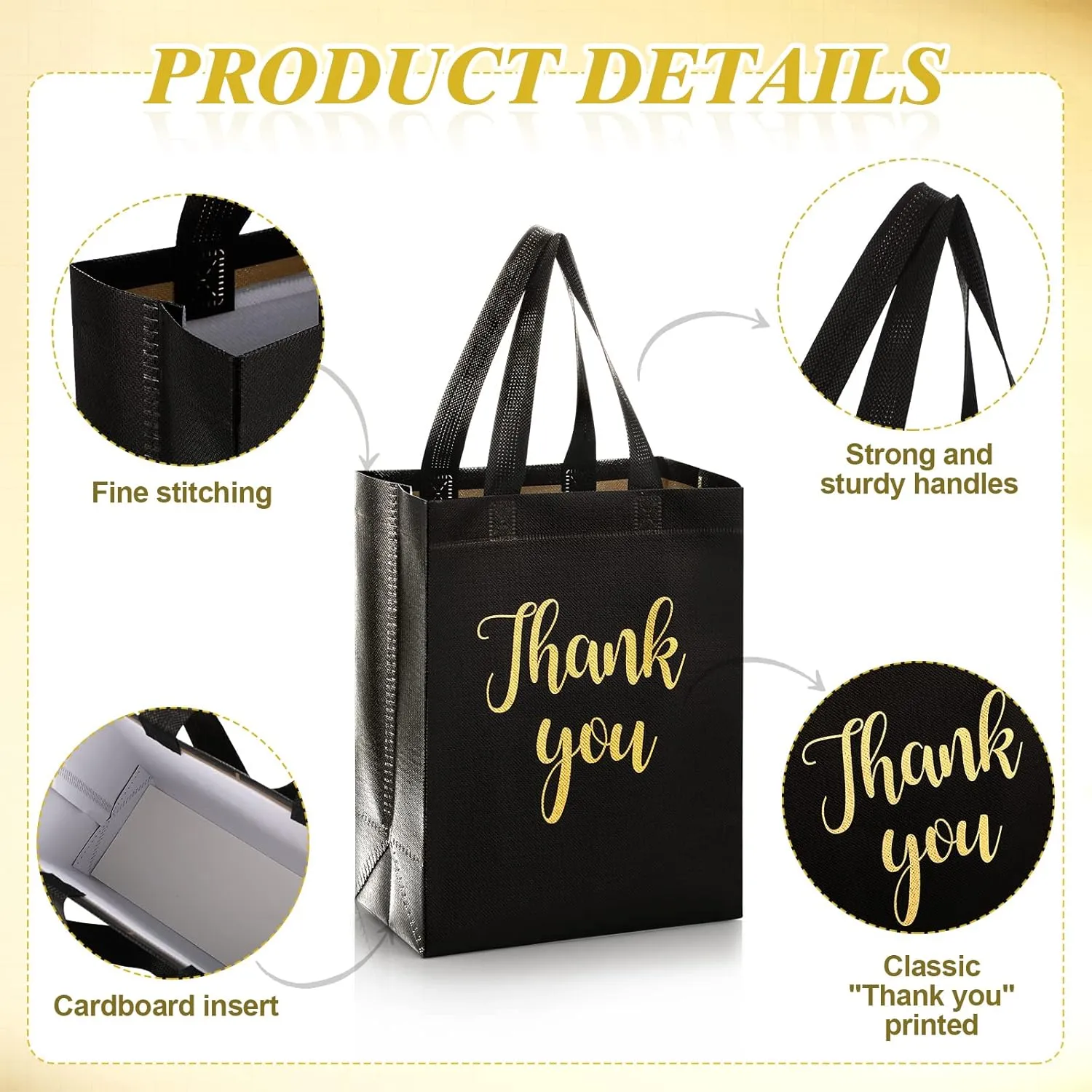 50 Pcs Glossy Thank You Gift Bag with Handles 8 x 4 x 10 Inch Non Woven Reusable Gift Bags with Glossy Finish for Wedding Birthday Parties Engagements Anniversaries Holiday(Black)