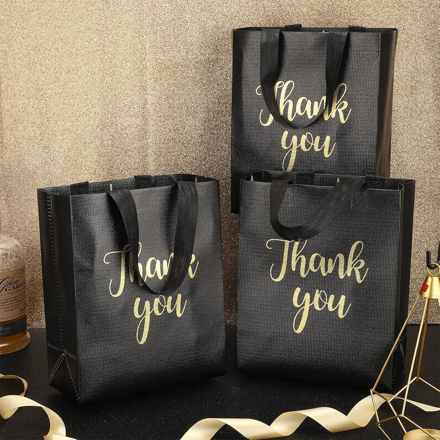 50 Pcs Glossy Thank You Gift Bag with Handles 8 x 4 x 10 Inch Non Woven Reusable Gift Bags with Glossy Finish for Wedding Birthday Parties Engagements Anniversaries Holiday(Black)