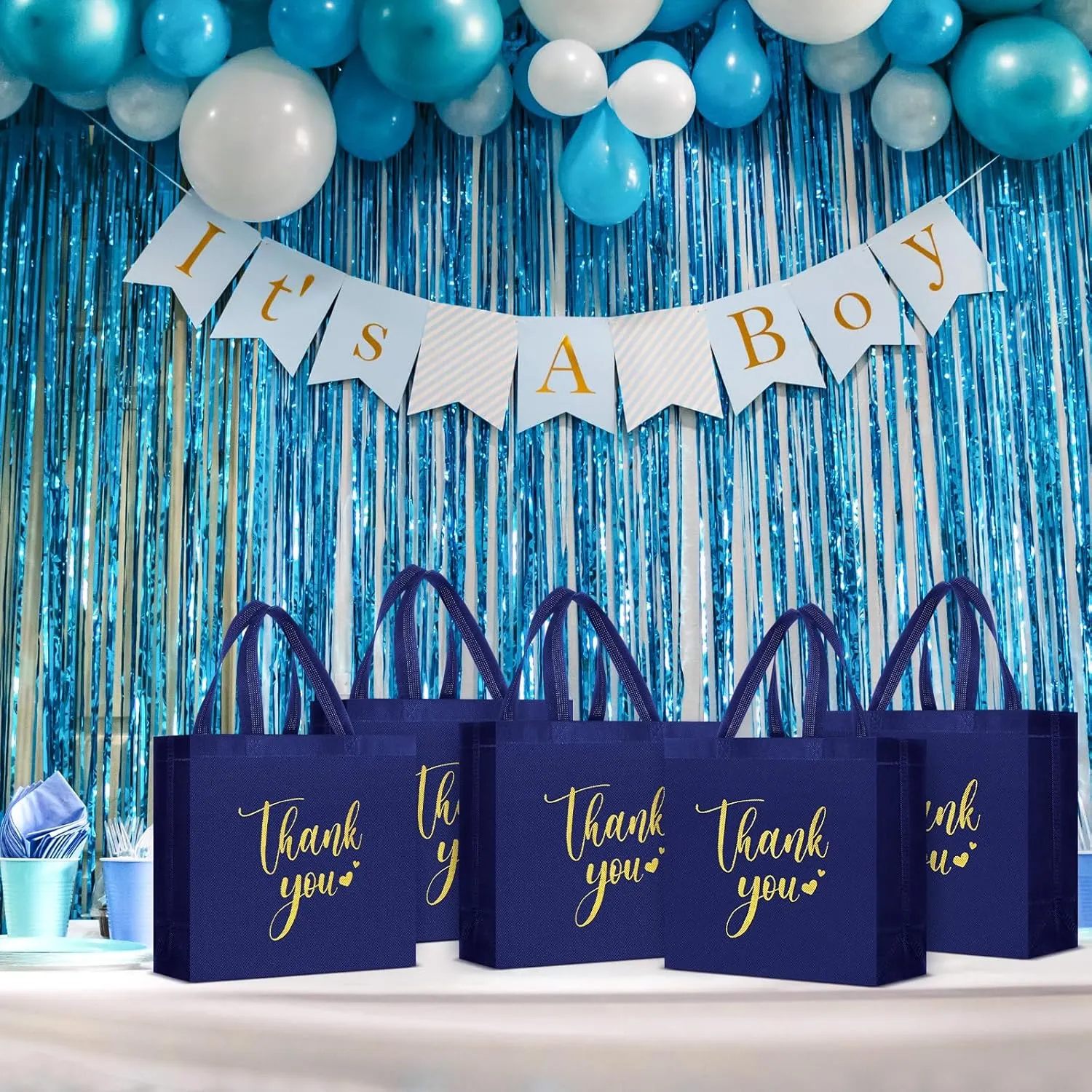 50 Pcs Thank You Gift Bags with Handles Bulk Thank You Non Woven Bags Reusable Gift Handbags Bridesmaid Souvenir Goodie Handbags for Wedding Shopping(11 x 12 x 5 Inch,Navy Blue)