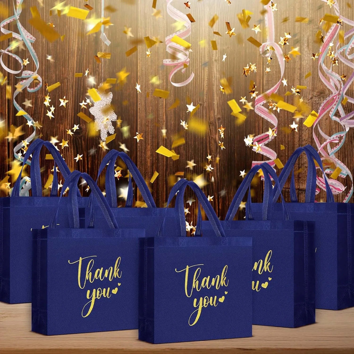 50 Pcs Thank You Gift Bags with Handles Bulk Thank You Non Woven Bags Reusable Gift Handbags Bridesmaid Souvenir Goodie Handbags for Wedding Shopping(11 x 12 x 5 Inch,Navy Blue)