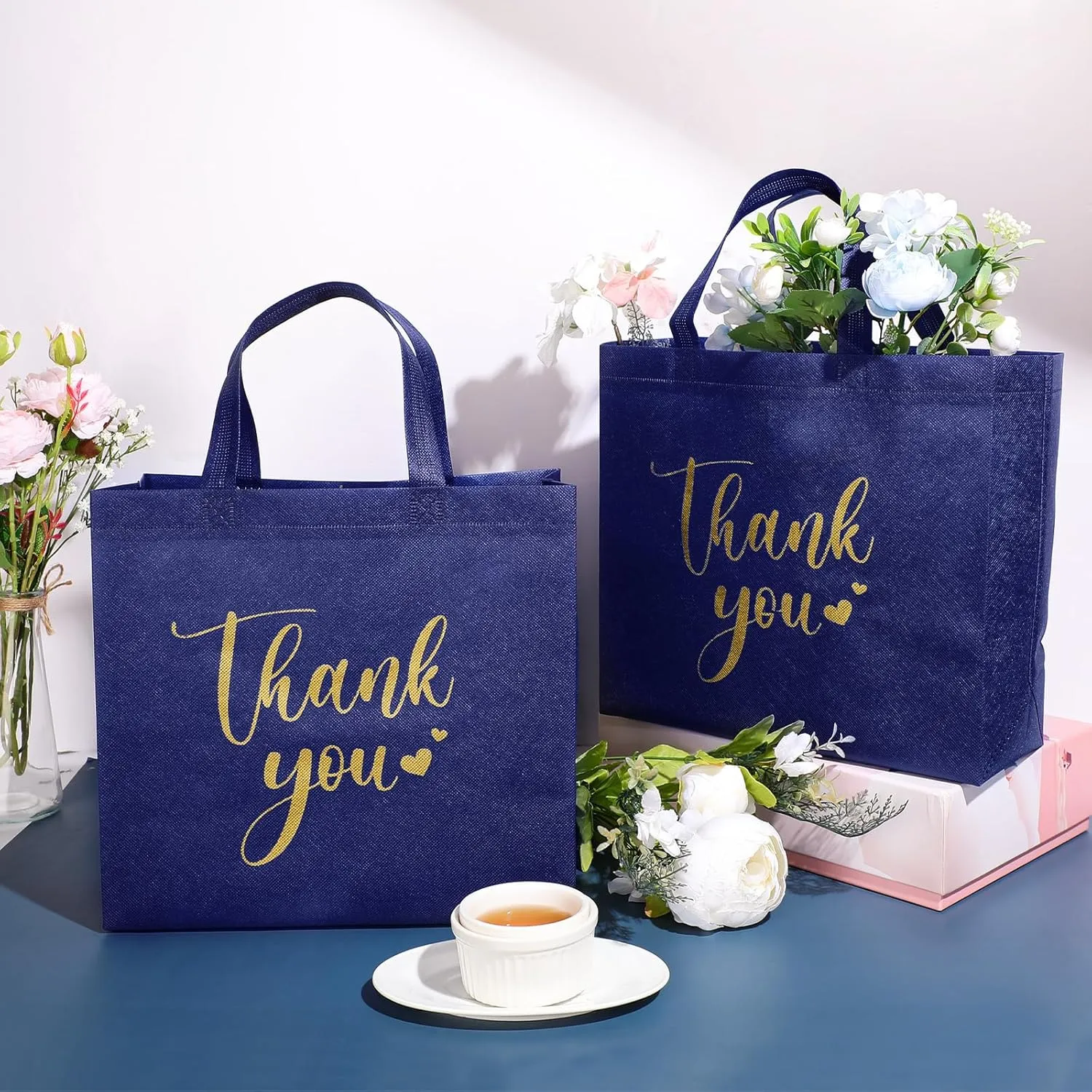 50 Pcs Thank You Gift Bags with Handles Bulk Thank You Non Woven Bags Reusable Gift Handbags Bridesmaid Souvenir Goodie Handbags for Wedding Shopping(11 x 12 x 5 Inch,Navy Blue)
