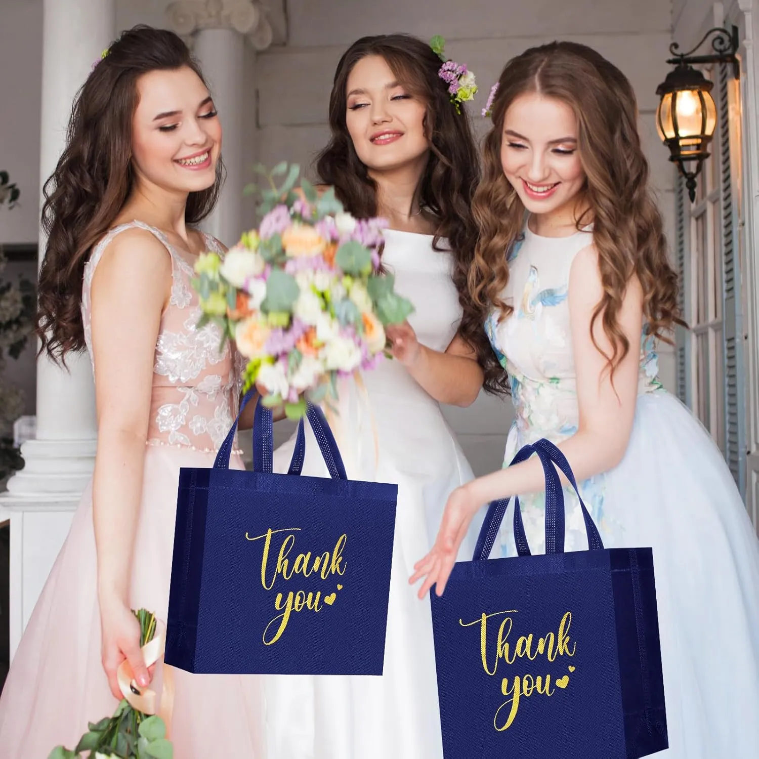 50 Pcs Thank You Gift Bags with Handles Bulk Thank You Non Woven Bags Reusable Gift Handbags Bridesmaid Souvenir Goodie Handbags for Wedding Shopping(11 x 12 x 5 Inch,Navy Blue)